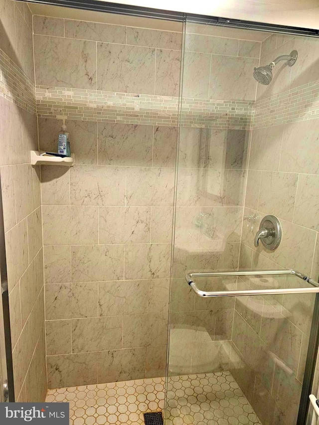 bathroom with a shower with shower door