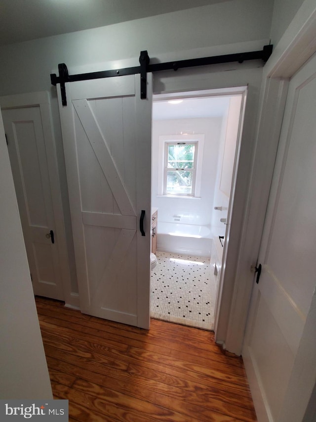 hallway featuring a barn door and dark hardwood / wood-style flooring