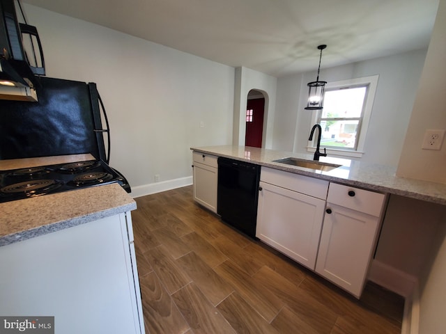 kitchen featuring dark wood-type flooring, black appliances, white cabinetry, sink, and light stone counters