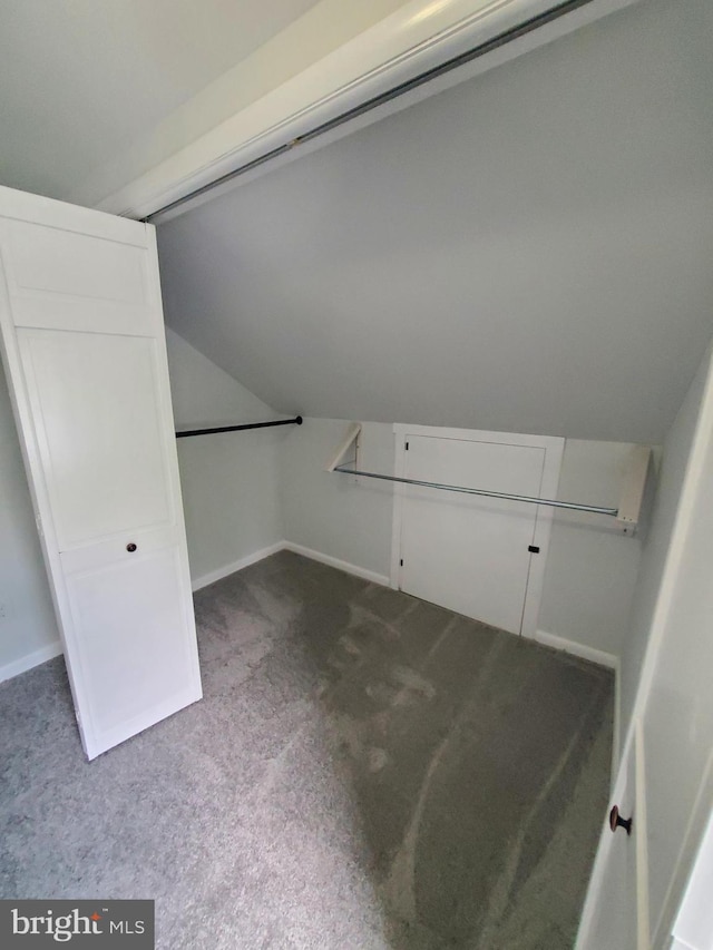 spacious closet with light colored carpet and vaulted ceiling