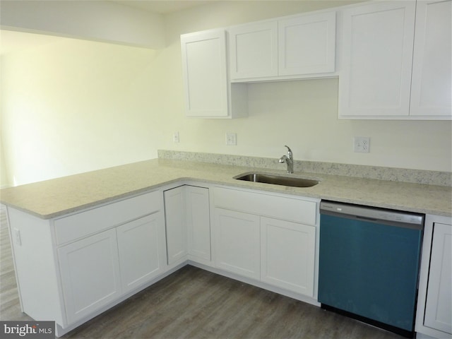 kitchen featuring dark hardwood / wood-style flooring, stainless steel dishwasher, sink, and white cabinetry