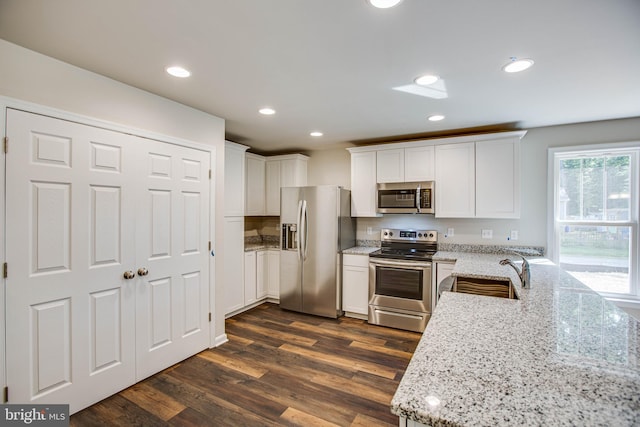 kitchen featuring white cabinetry, stainless steel appliances, dark hardwood / wood-style floors, and light stone counters