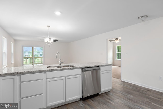 kitchen featuring dark hardwood / wood-style floors, ceiling fan, white cabinetry, and stainless steel dishwasher