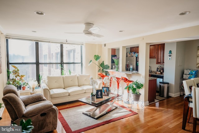 living room featuring hardwood / wood-style floors and ceiling fan