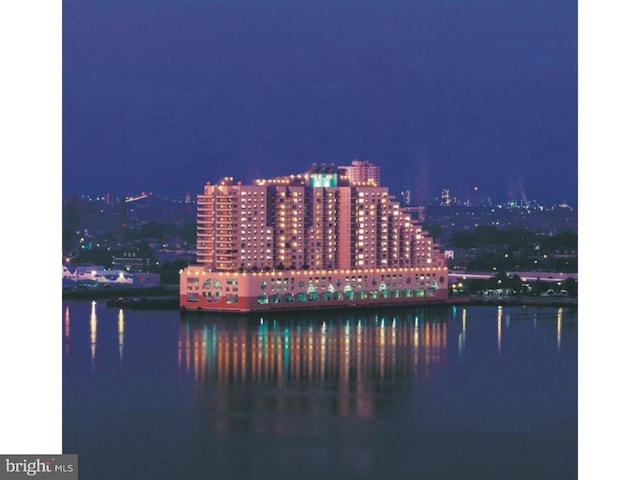 view of water feature with a view of city lights