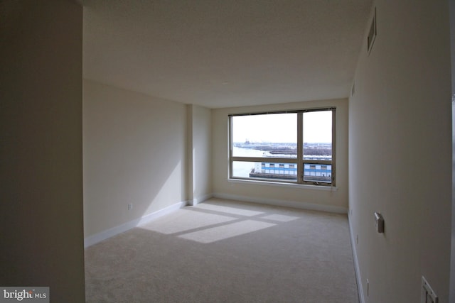 spare room featuring light carpet and a textured ceiling