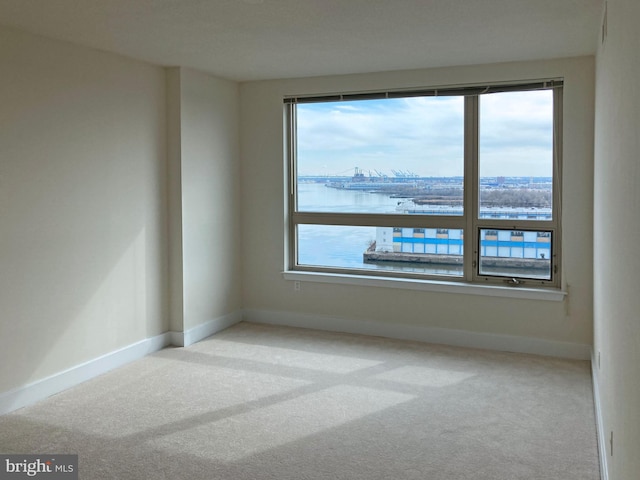 spare room with light colored carpet and a water view