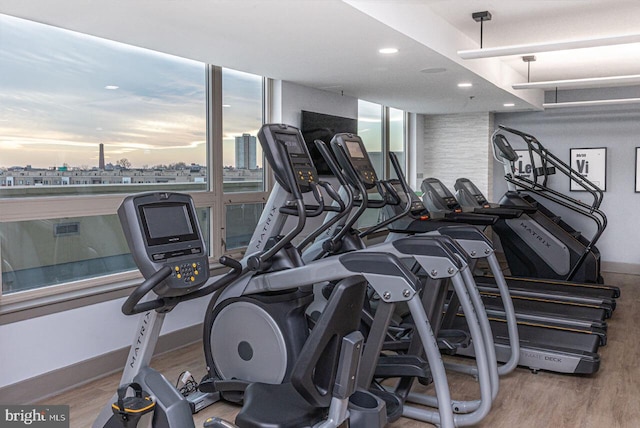 gym featuring recessed lighting, baseboards, a city view, and wood finished floors