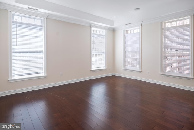 unfurnished room with a healthy amount of sunlight, a tray ceiling, and dark hardwood / wood-style flooring