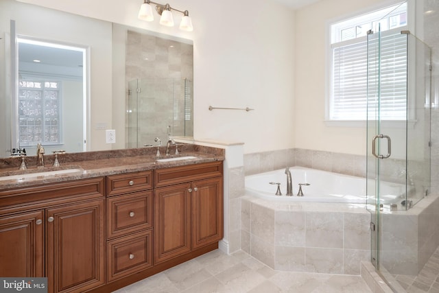 bathroom featuring double sink, tile flooring, independent shower and bath, and oversized vanity