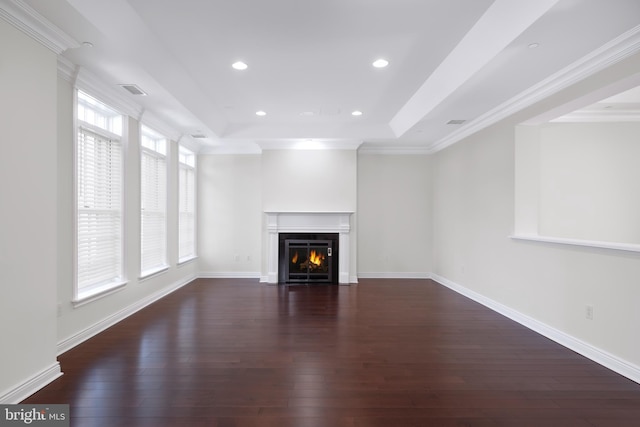 unfurnished living room featuring dark wood-type flooring, a healthy amount of sunlight, and a raised ceiling