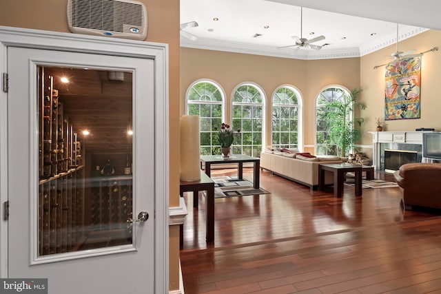 interior space featuring ceiling fan, a premium fireplace, dark hardwood / wood-style flooring, a towering ceiling, and ornamental molding