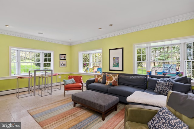 tiled living room with a healthy amount of sunlight and crown molding