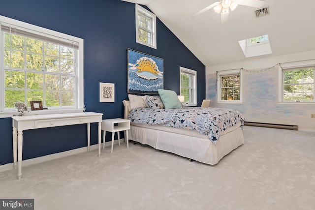 bedroom with high vaulted ceiling, ceiling fan, a skylight, and baseboard heating