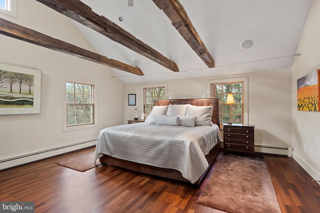 bedroom featuring dark hardwood / wood-style flooring, a baseboard heating unit, vaulted ceiling with beams, and multiple windows