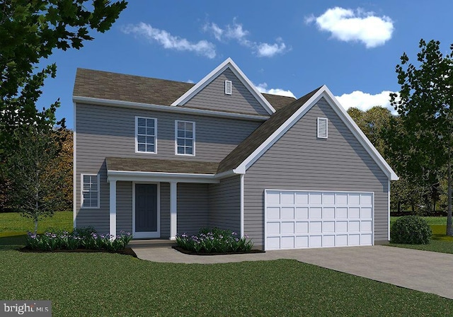 view of front facade with a front yard and a garage