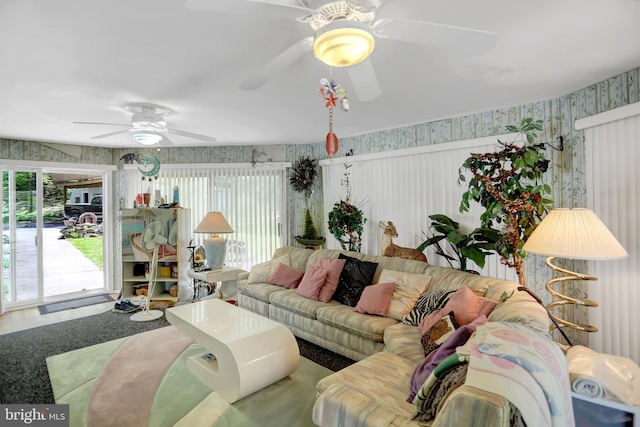 living room with ceiling fan