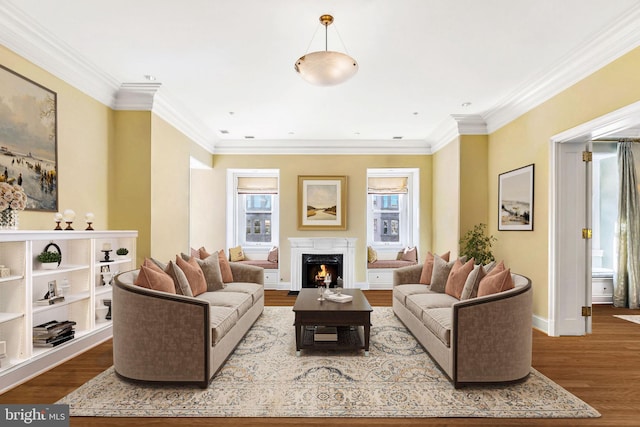 living room featuring ornamental molding and hardwood / wood-style flooring