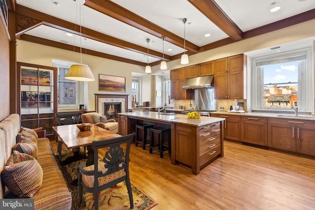 kitchen with a breakfast bar, light hardwood / wood-style flooring, a center island with sink, a fireplace, and decorative light fixtures