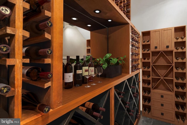 wine room featuring dark tile floors