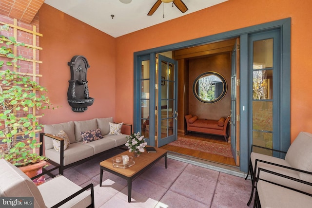 view of patio / terrace with ceiling fan, an outdoor hangout area, and french doors