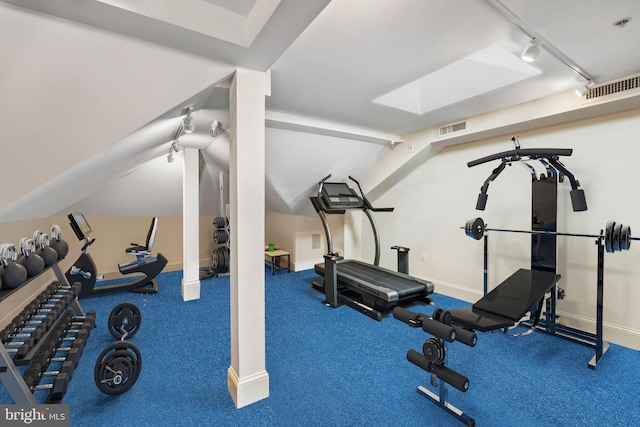 exercise room featuring rail lighting, carpet floors, and lofted ceiling