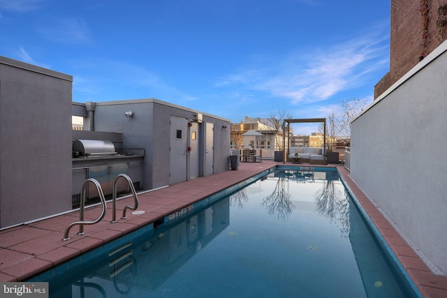 view of pool with a patio, area for grilling, and grilling area