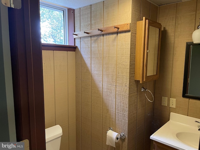 bathroom featuring toilet, a textured ceiling, and vanity