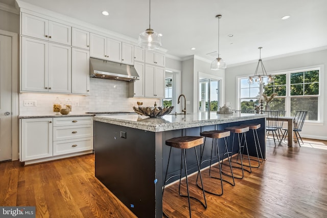 kitchen featuring hardwood / wood-style floors, hanging light fixtures, and white cabinetry