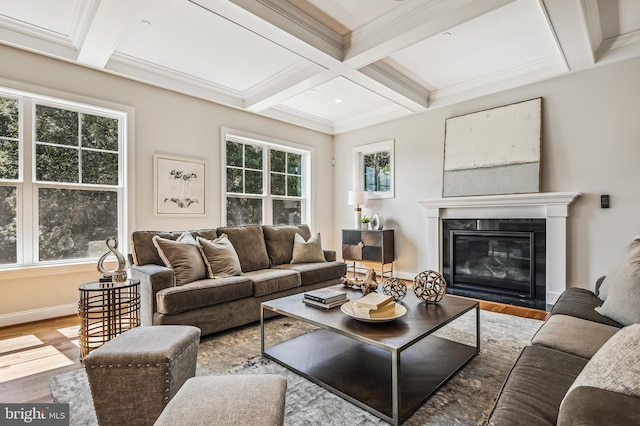 living room featuring plenty of natural light, beam ceiling, coffered ceiling, and hardwood / wood-style flooring