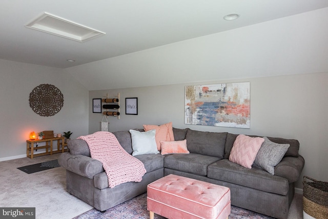 living room with light colored carpet and lofted ceiling