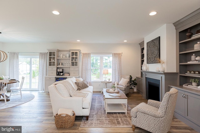 living room featuring built in features and hardwood / wood-style flooring