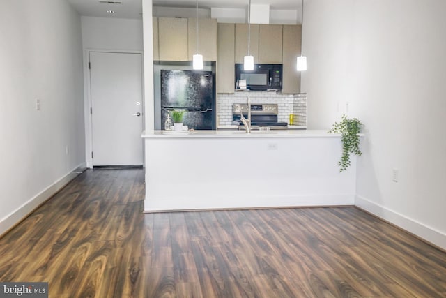 kitchen with kitchen peninsula, black appliances, and dark hardwood / wood-style flooring