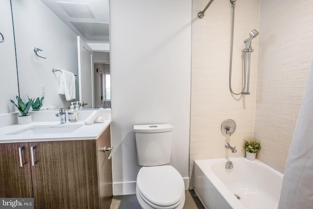 full bathroom with shower / bathtub combination with curtain, toilet, and vanity