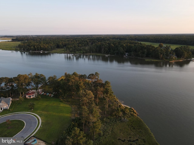 aerial view at dusk with a water view