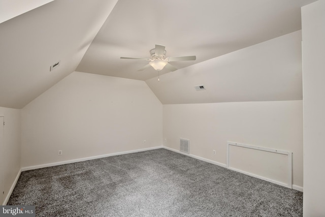 bonus room with carpet flooring, ceiling fan, and lofted ceiling