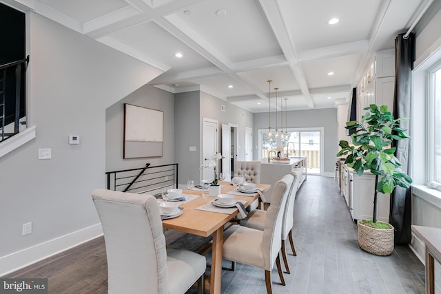 dining area with coffered ceiling, beamed ceiling, and wood-type flooring