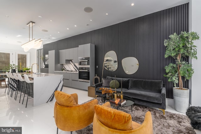 tiled living room with sink