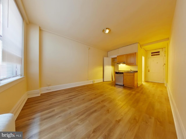 unfurnished living room with light hardwood / wood-style floors and sink