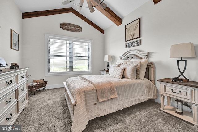 carpeted bedroom with ceiling fan and lofted ceiling with beams