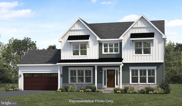 modern inspired farmhouse featuring covered porch, a front yard, and a garage