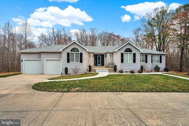 single story home featuring an attached garage, driveway, roof with shingles, and a front yard