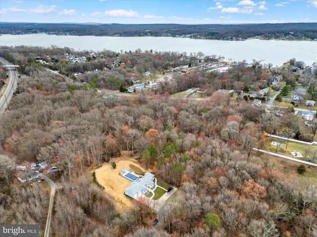 birds eye view of property with a forest view and a water view