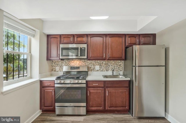 kitchen featuring dark hardwood / wood-style floors, sink, a raised ceiling, appliances with stainless steel finishes, and backsplash