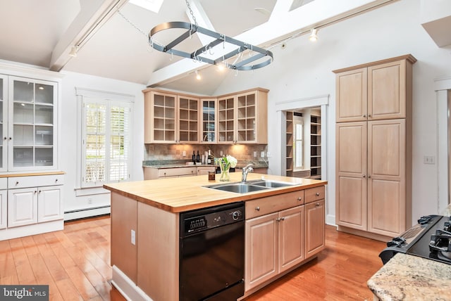 kitchen featuring light wood-type flooring, tasteful backsplash, a baseboard radiator, dishwasher, and sink