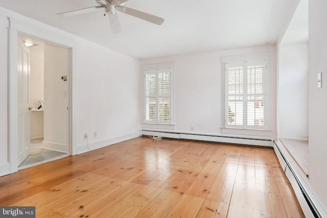 spare room featuring a baseboard radiator, light hardwood / wood-style floors, and ceiling fan