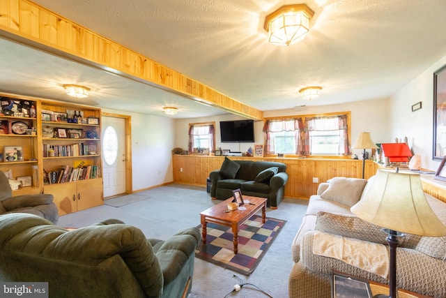 living room with light carpet and a textured ceiling