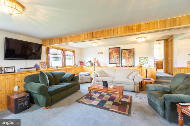 living room featuring carpet and wood walls