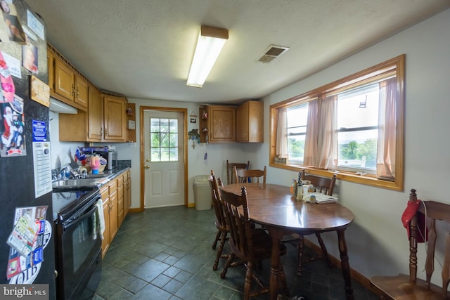 kitchen with black range with electric cooktop, a healthy amount of sunlight, a textured ceiling, and fridge