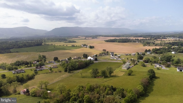 aerial view featuring a mountain view and a rural view